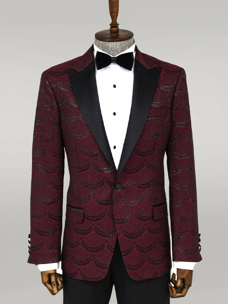 Patterned Slim Fit Burgundy Men Prom Blazer - Wessi