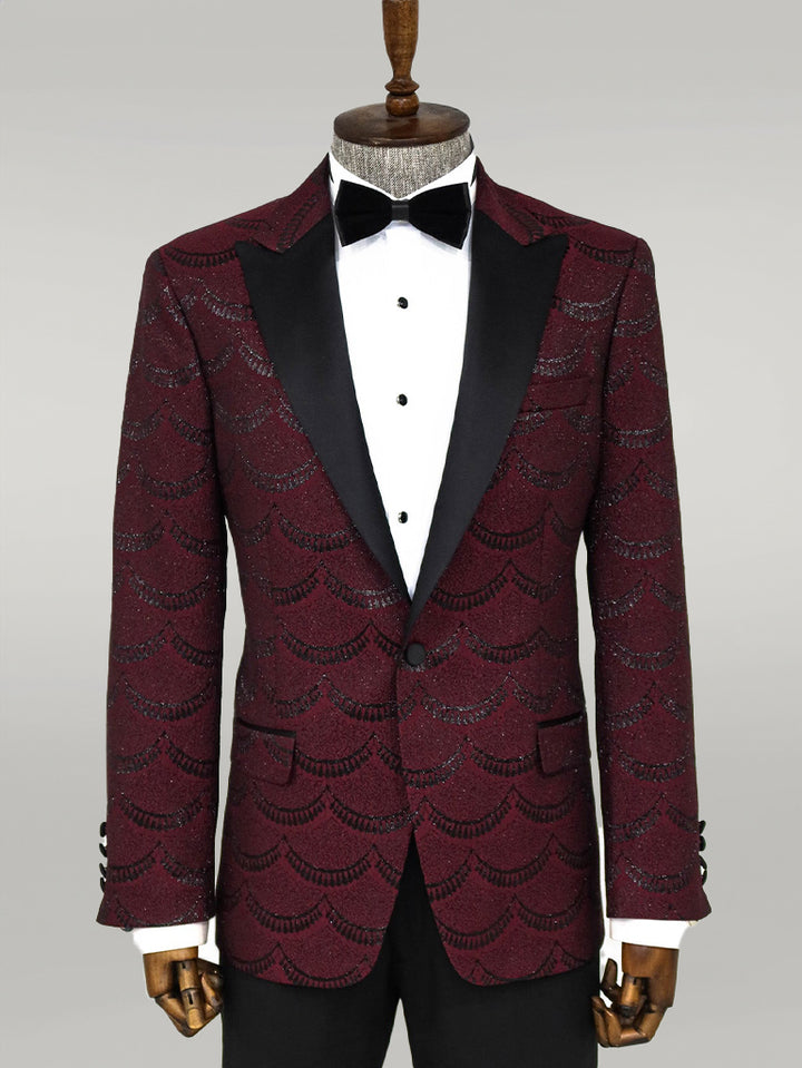 Patterned Slim Fit Burgundy Men Tuxedo Jacket - Wessi