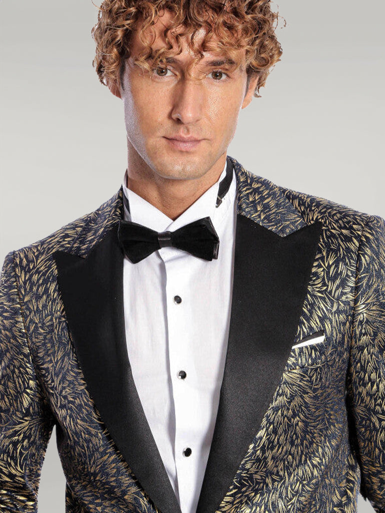 Feather Patterned Slim Fit Navy Blue Men Prom Blazer - Wessi