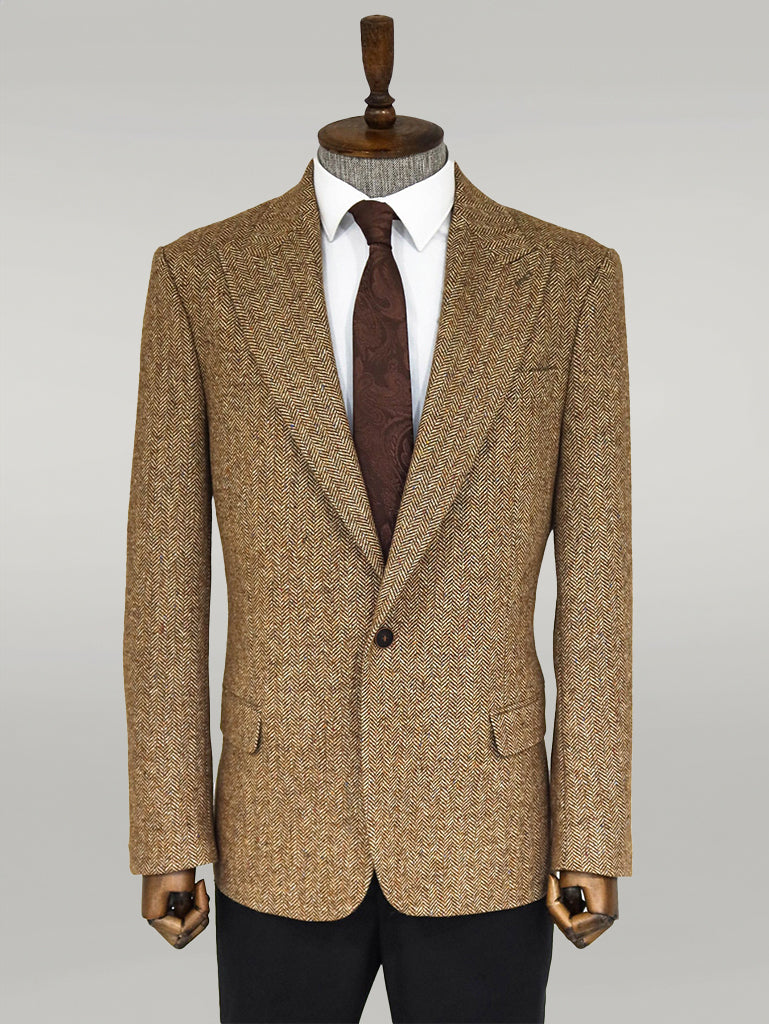 Houndstooth Pattern Wool Light Brown Men Blazer - Wessi