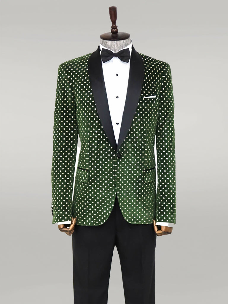 Blazer de fiesta para hombre verde oscuro con estampado de lunares y corte slim - Wessi