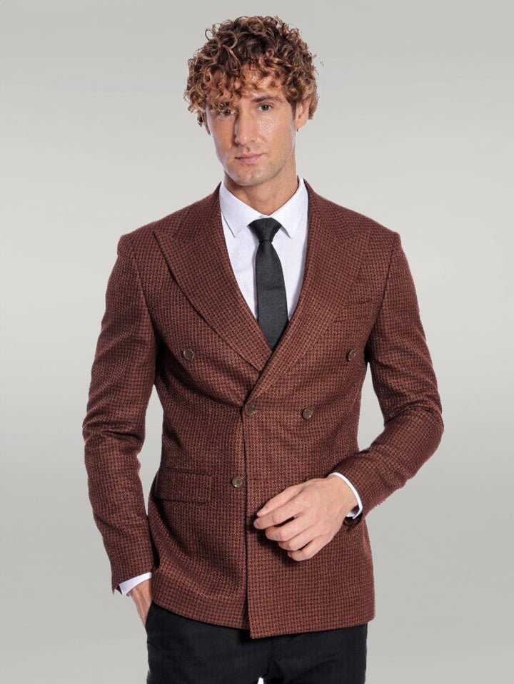 Houndstooth Patterned Brown Men Double Breasted Blazer - Wessi