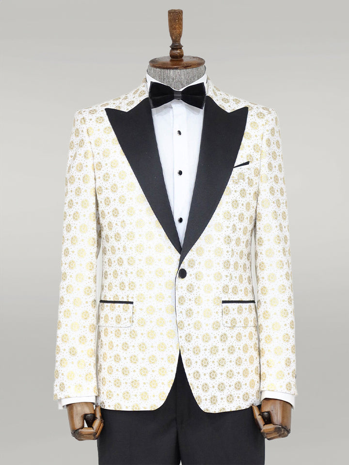 Floral Patterned Peak Lapel White Men Prom Blazer - Wessi