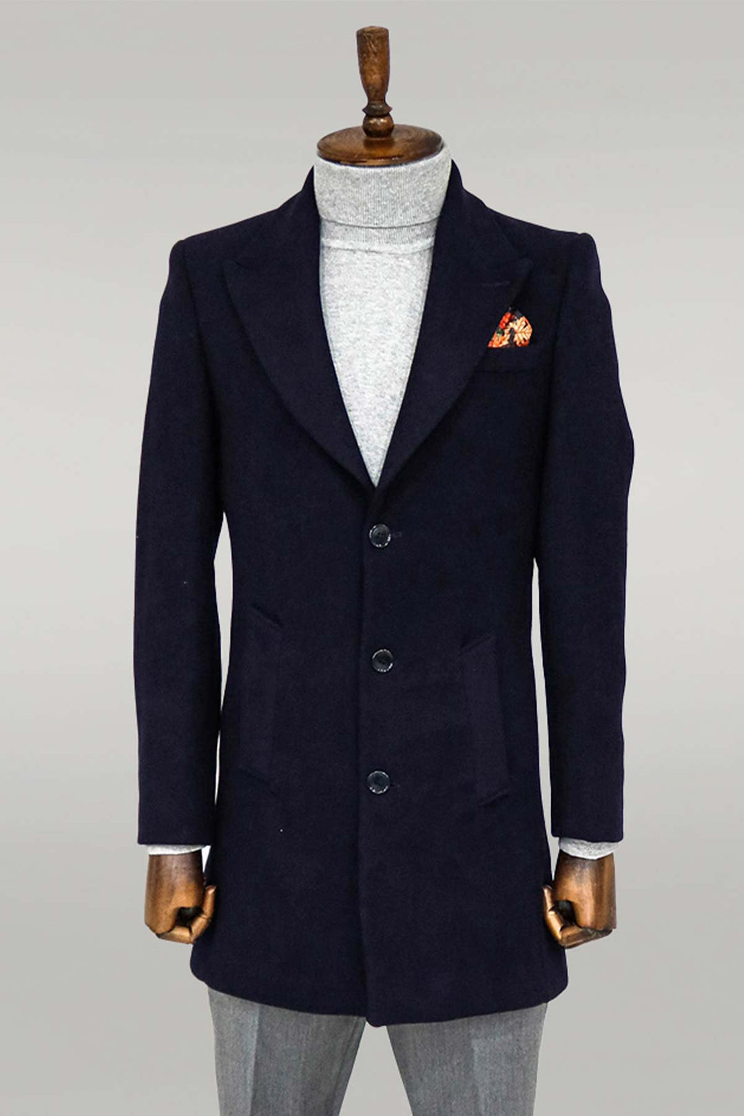 Wide Lapel Wool Navy Blue Men Coat - Wessi