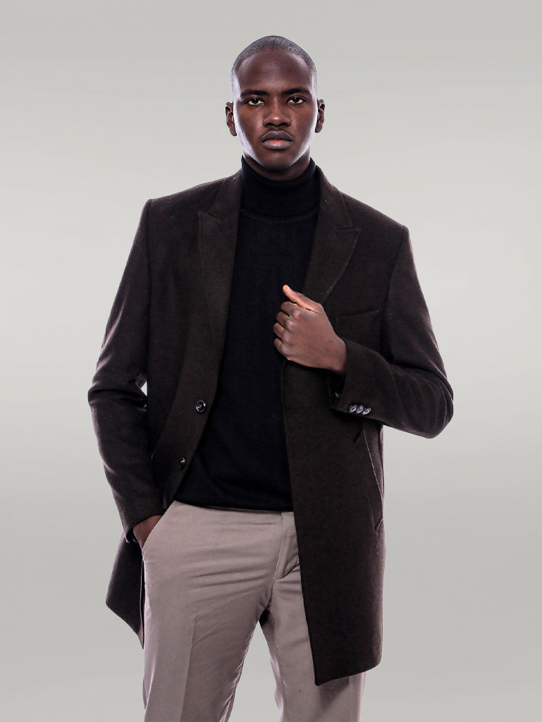 Manteau Homme Marron à Large Col Pointu Au Genou - Wessi