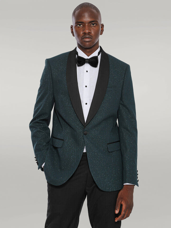 Green Shawl Lapel Sparkly Tuxedo Jacket - Wessi