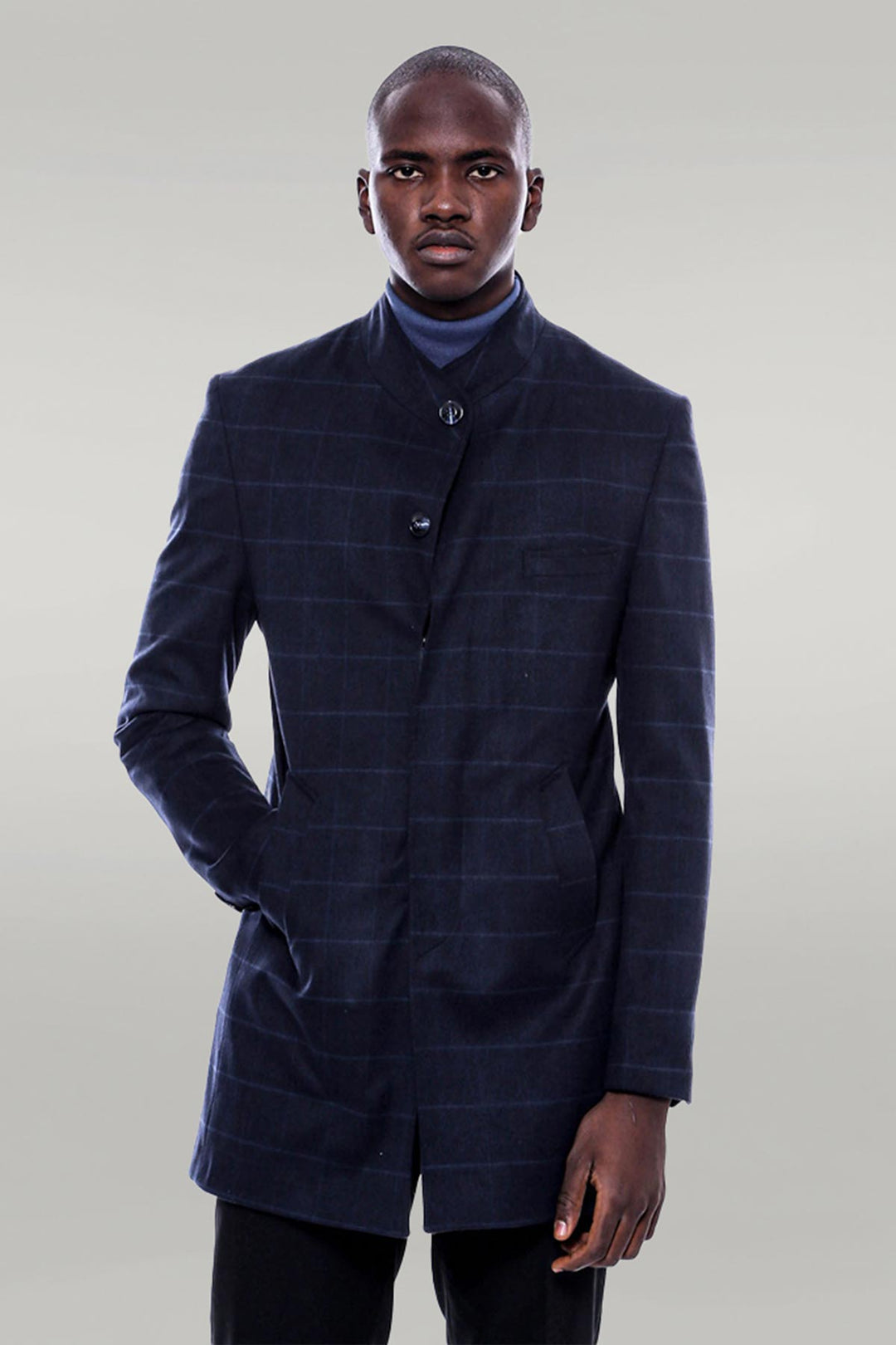 Mandarin Collar Navy Checked Coat - Wessi