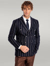 Wide Lapel Striped Double Breasted Navy Blue Men Blazer - Wessi