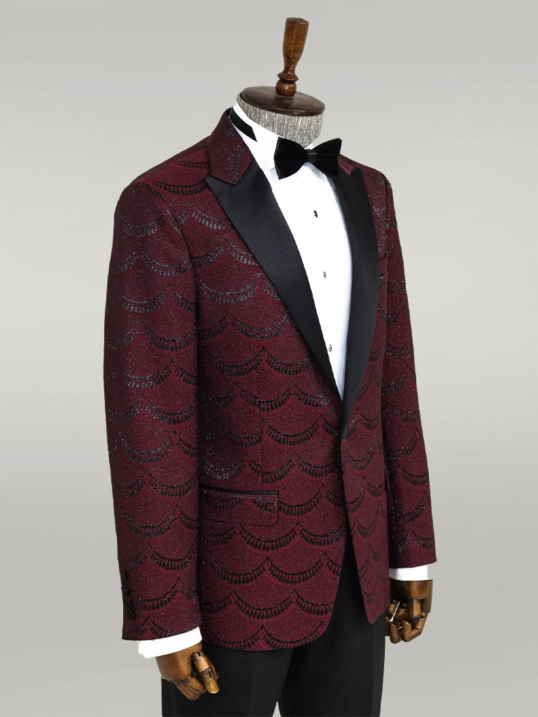 Patterned Slim Fit Burgundy Men Tuxedo Jacket - Wessi