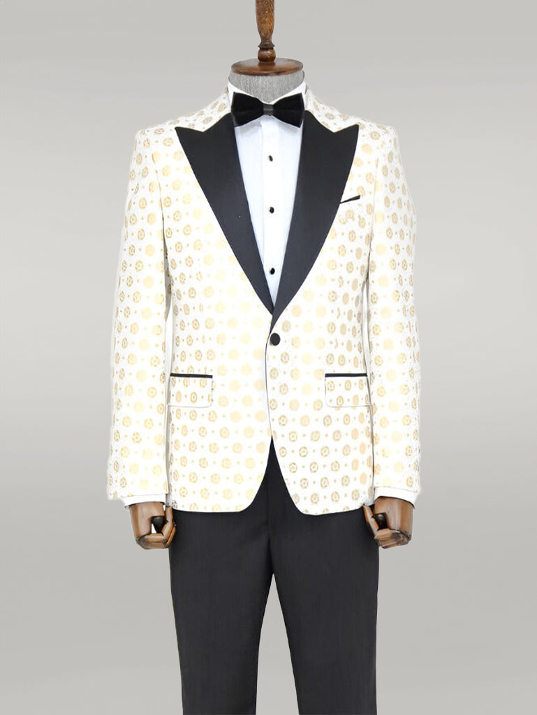 Floral Patterned Peak Lapel White Men Prom Blazer - Wessi