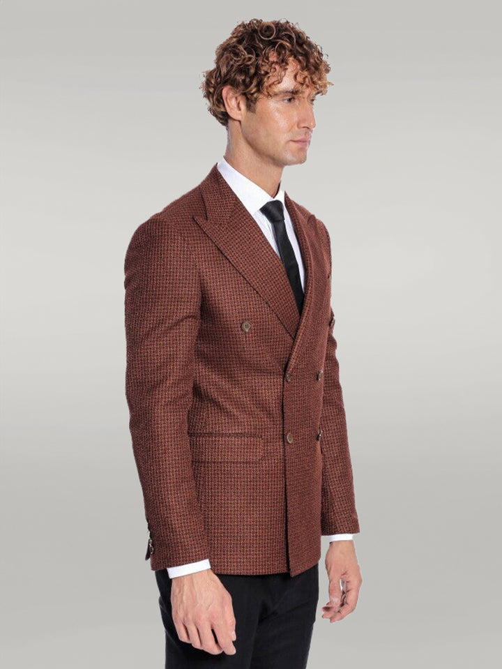 Houndstooth Patterned Brown Men Double Breasted Blazer - Wessi