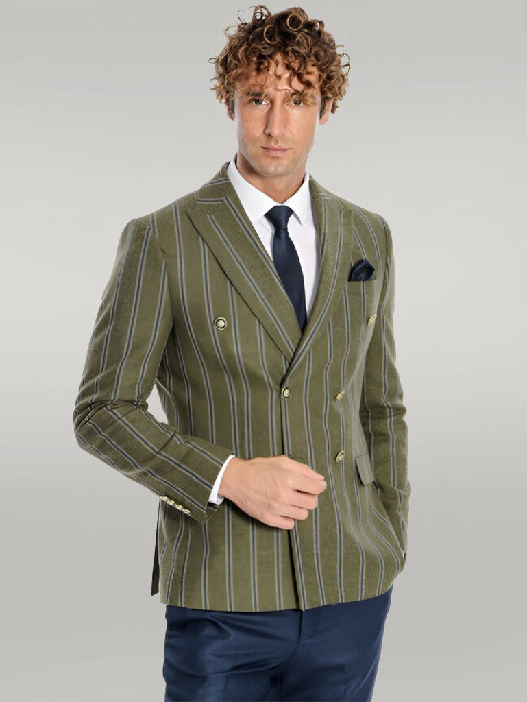 Wide Lapel Striped Double Breasted Green Men Blazer - Wessi