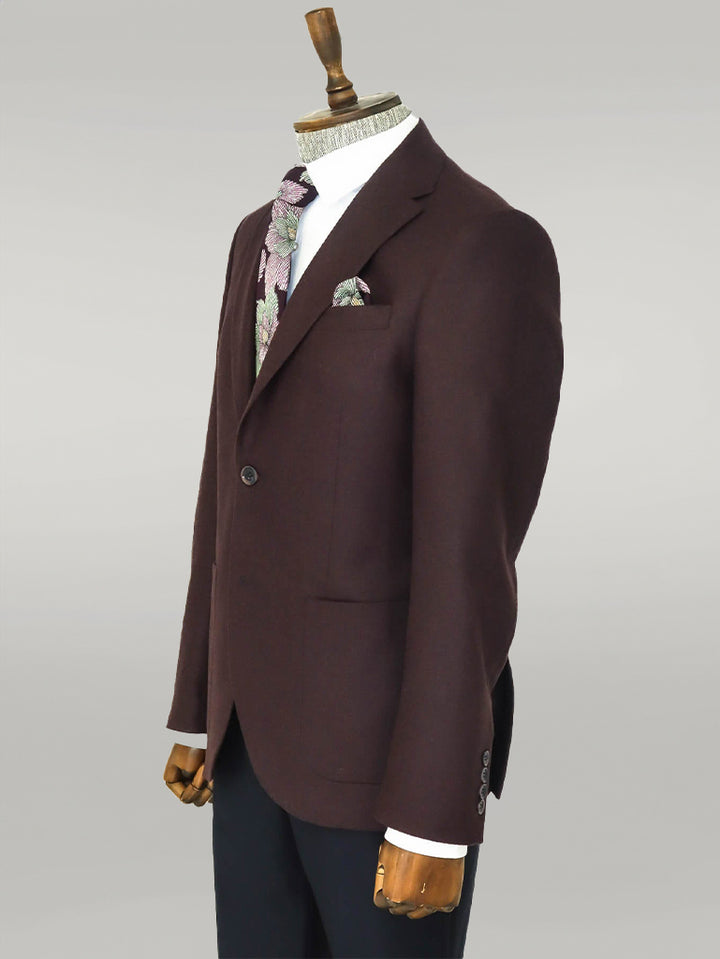 Slim Fit Plain Wide Lapel Burgundy Men Wool Blazer - Wessi