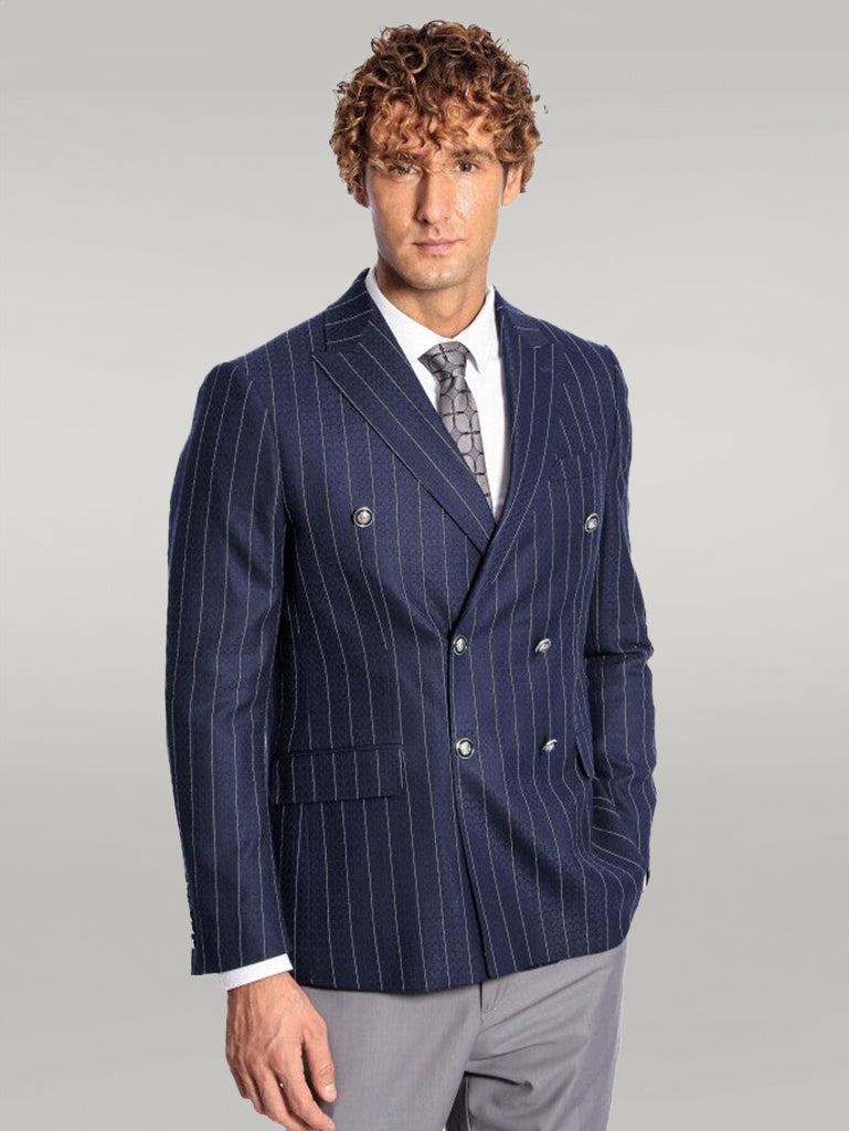 Blazer de hombre azul marino con doble botonadura y corte slim a rayas - Wessi