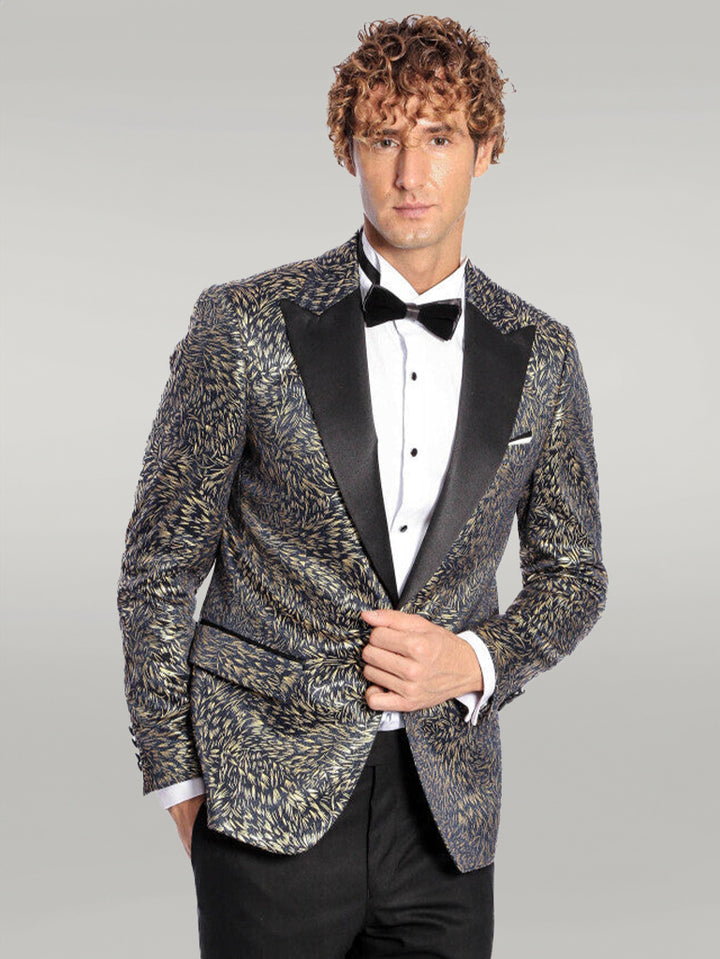 Feather Patterned Slim Fit Navy Blue Men Prom Blazer - Wessi