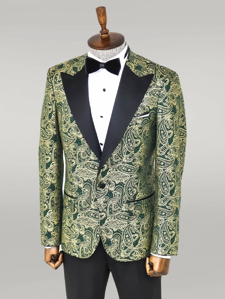 Paisley Peak Lapel Green Men Prom Blazer - Wessi