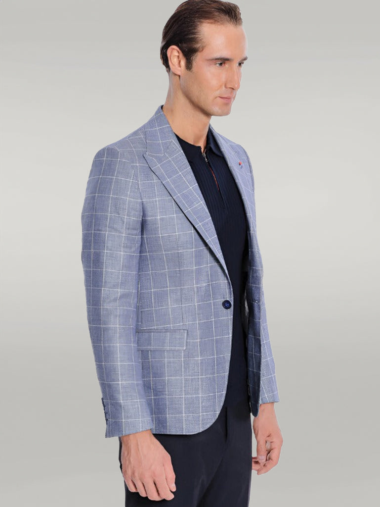 Single Button Wide Pointed Collar Blue Blazer - Wessi