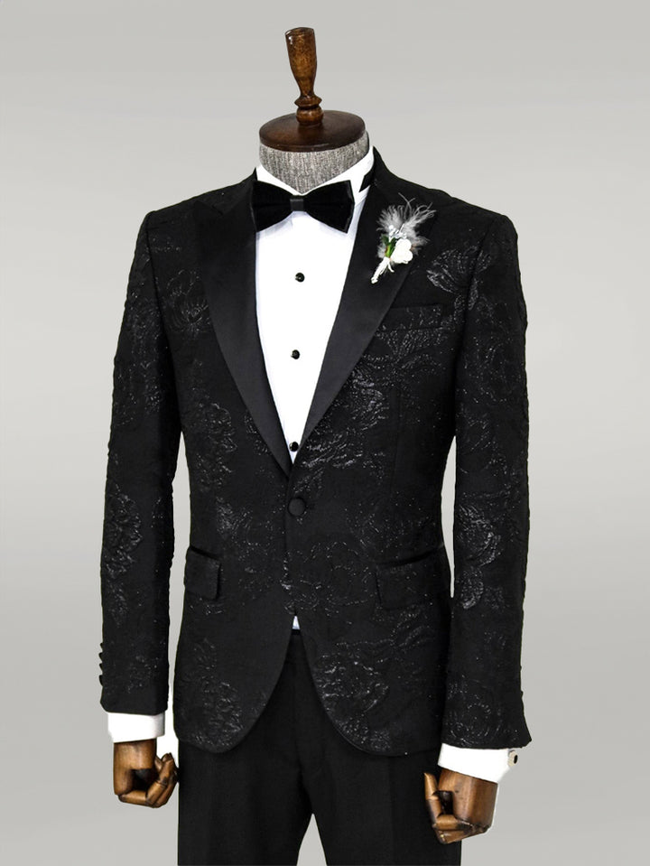 Floral Patterned Peak Lapel Black Tuxedo Blazer - Wessi