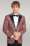 Sparkling Ivy Patterned Slim Fit Burgundy Men Evening Tuxedo Jacket - Wessi