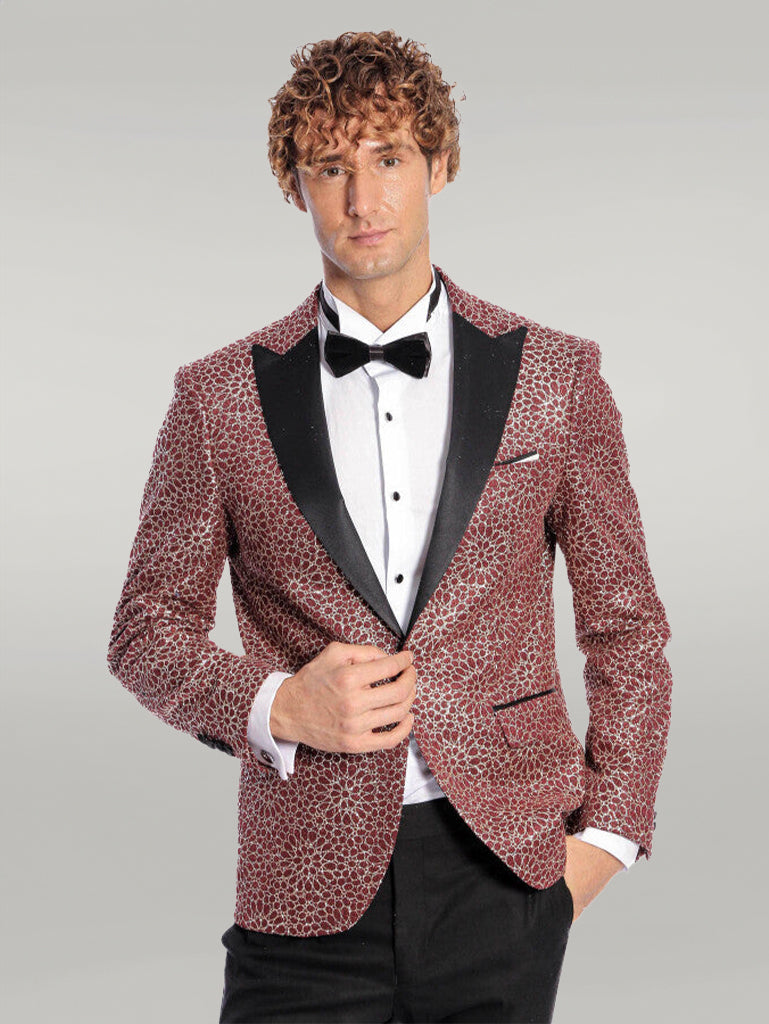 Flower Embroidered Pattern Burgundy Men Prom Blazer - Wessi