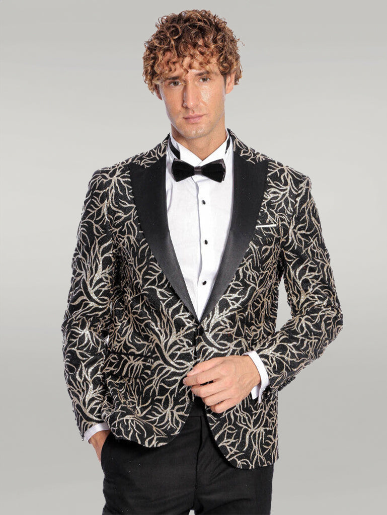 Sparkling Ivy Patterned Slim Fit Black Men Dinner Jacket - Wessi