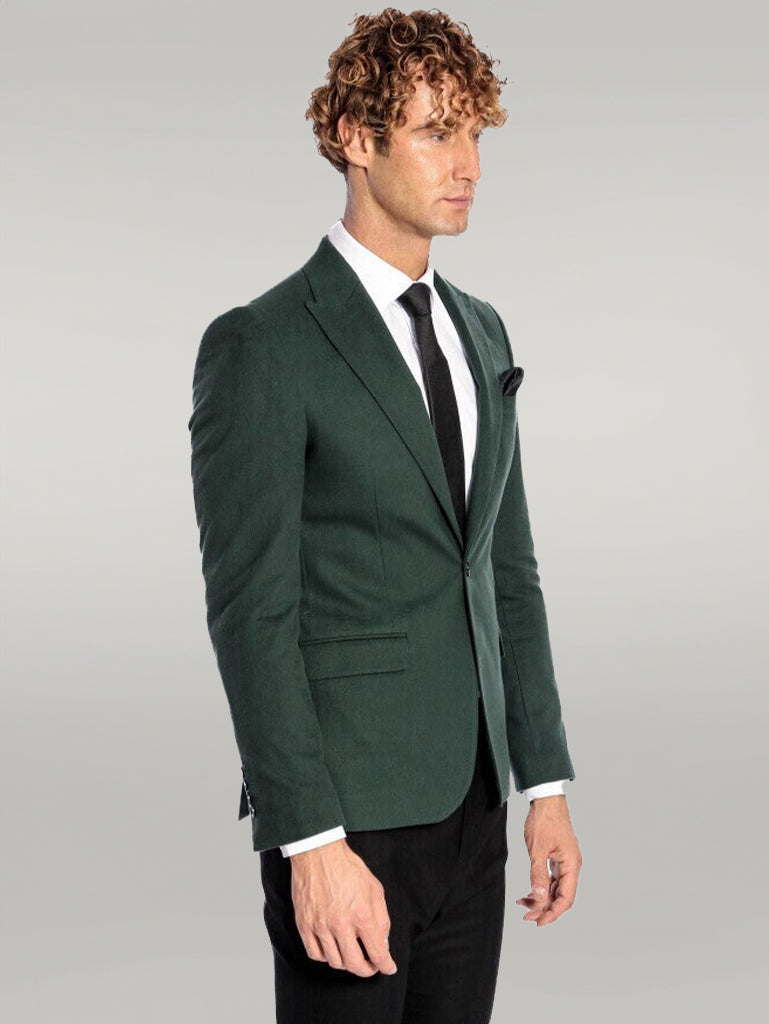 Peak Lapel Single Button Plain Green Men Blazer - Wessi