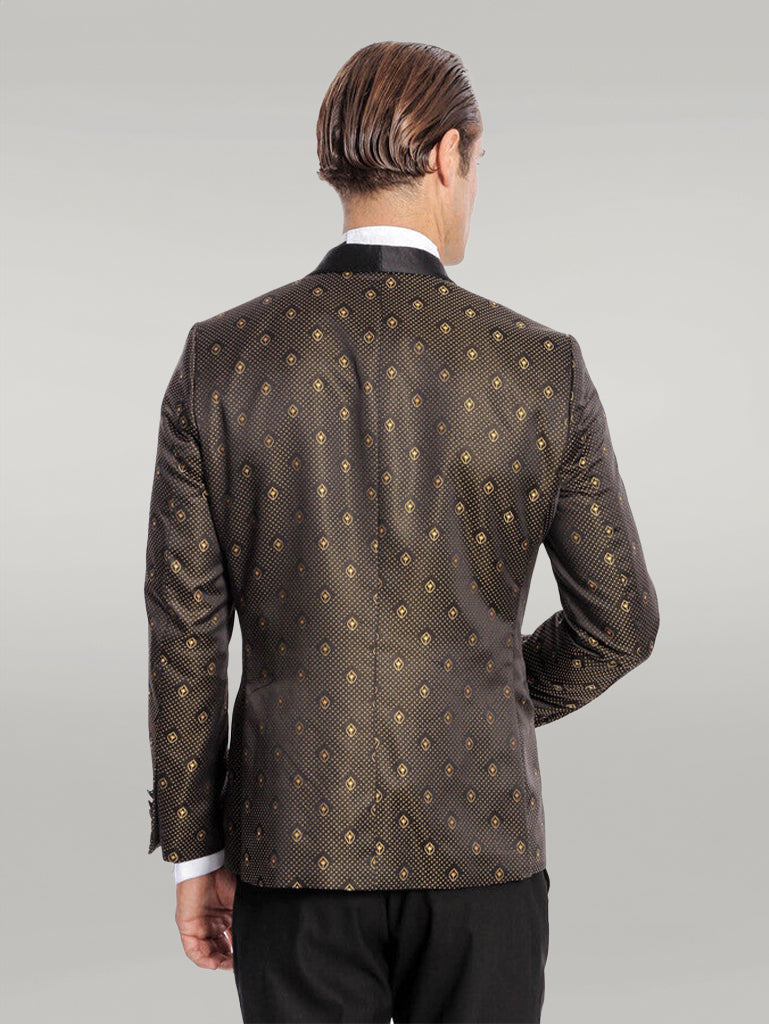 Blazer de esmoquin para hombre negro con estampado de lunares dorados y solapa chal - Wessi