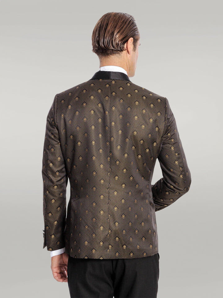 Shawl Lapel Gold Dot Patterned Over Black Men Tuxedo Blazer - Wessi