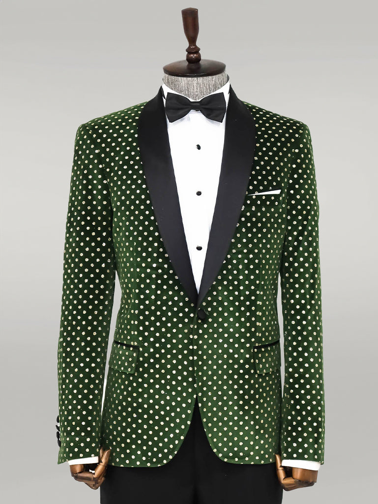 Dot Pattern Slim Fit Dark Green Men Wedding Groom Blazer - Wessi