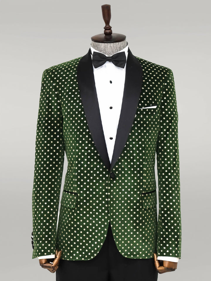 Blazer de fiesta para hombre verde oscuro con estampado de lunares y corte slim - Wessi