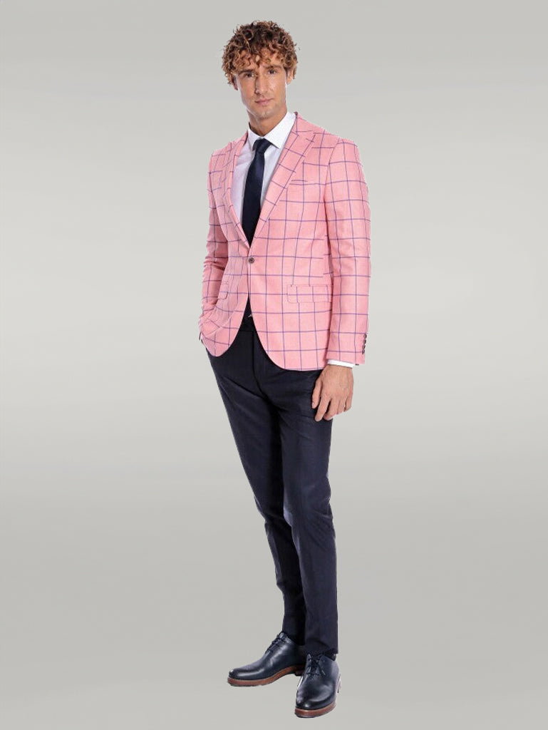 Blazer de hombre rosa slim fit con estampado de cuadros azules - Wessi