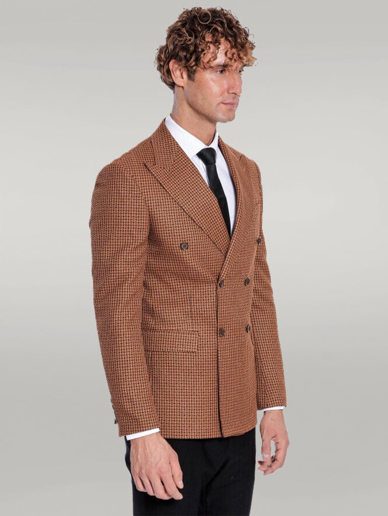 Houndstooth Patterned Tawny Men Double Breasted Blazer - Wessi