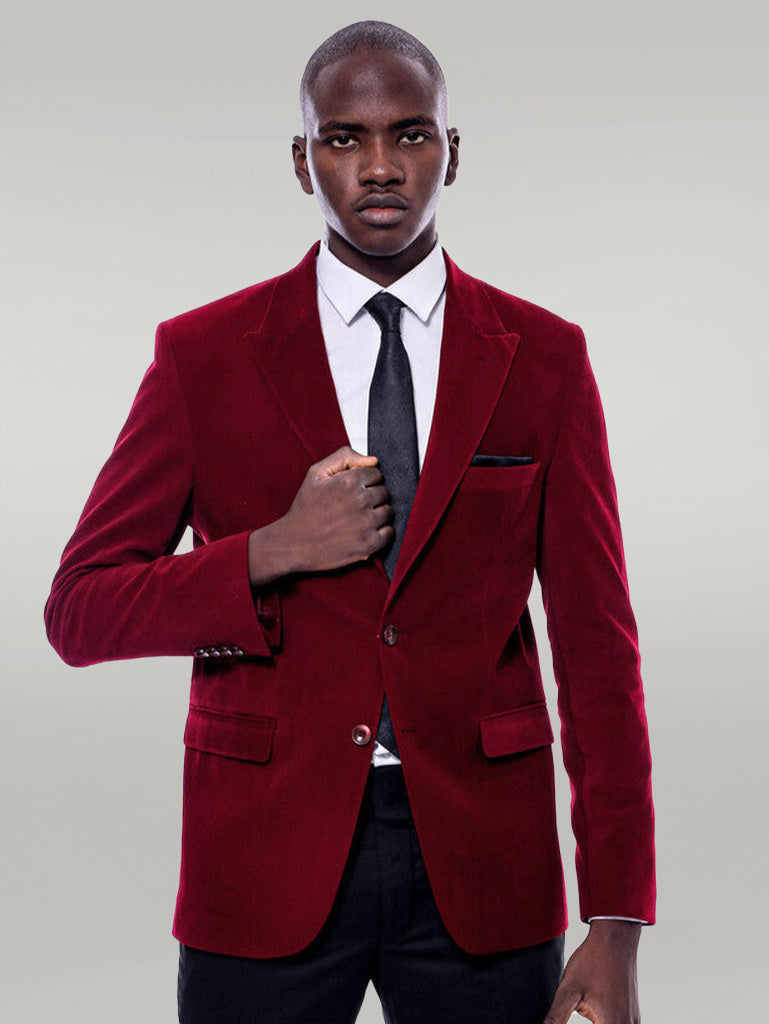 Wide Peak Lapel Velvet Burgundy Men Blazer - Wessi