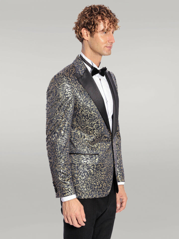 Feather Patterned Slim Fit Navy Blue Men Prom Blazer - Wessi