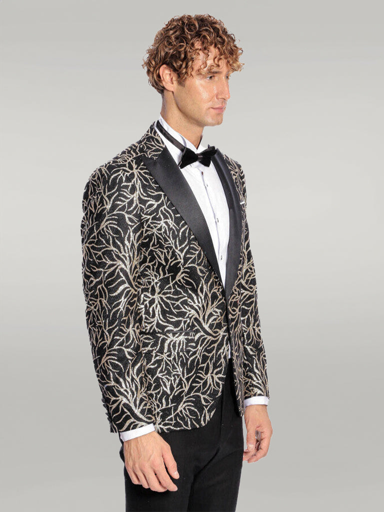 Blazer de graduación para hombre negro con estampado de hiedra brillante y corte slim - Wessi