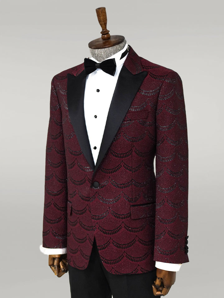 Patterned Slim Fit Burgundy Men Tuxedo Jacket - Wessi