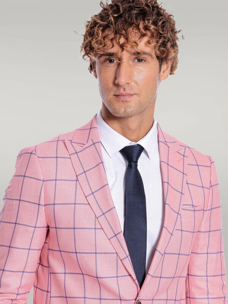 Blue Plaid Patterned Slim Fit Pink Men Blazer - Wessi