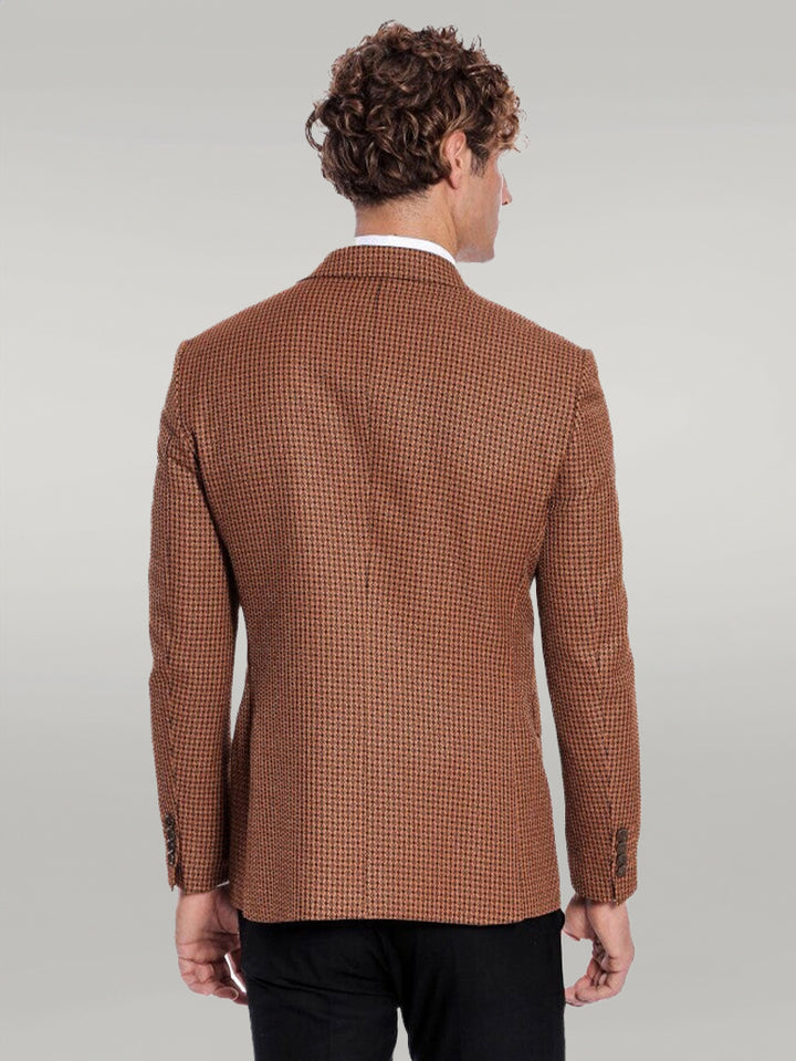 Houndstooth Patterned Tawny Men Double Breasted Blazer - Wessi