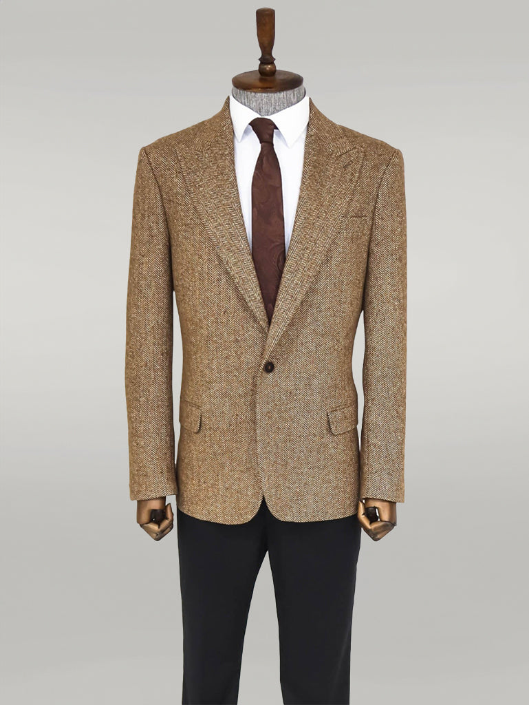 Houndstooth Pattern Wool Light Brown Men Blazer - Wessi