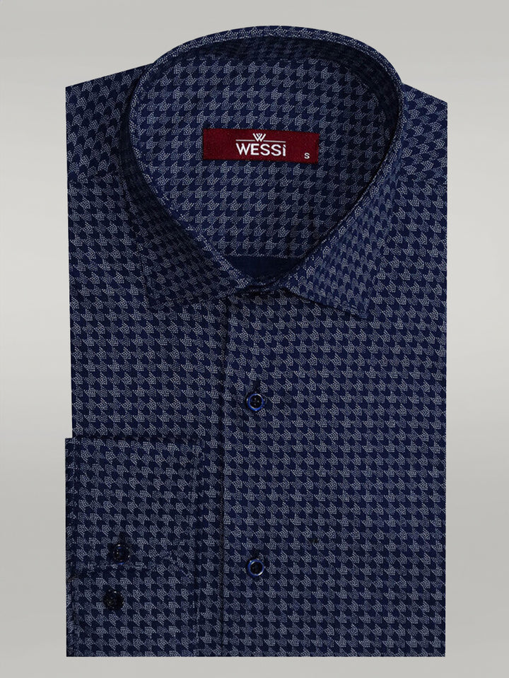 Camisa Hombre Patrón Pata De Gallo Slim Fit Azul Marino - Wessi