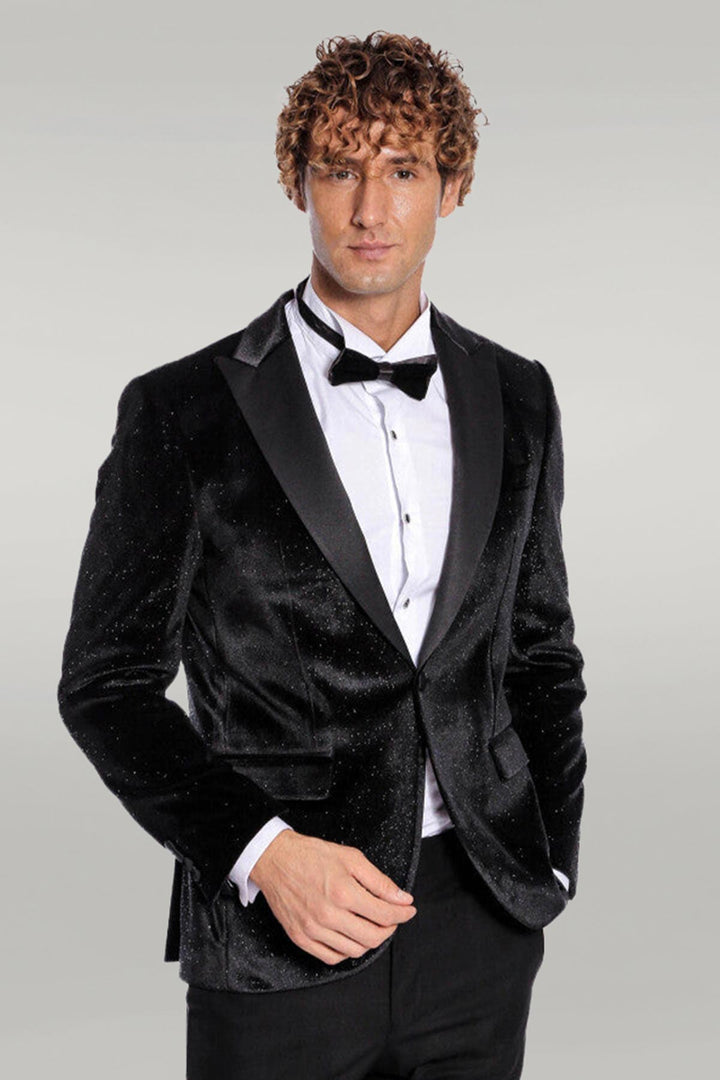 Sparkle Slim Fit Velvet Black Men Dinner Jacket - Wessi