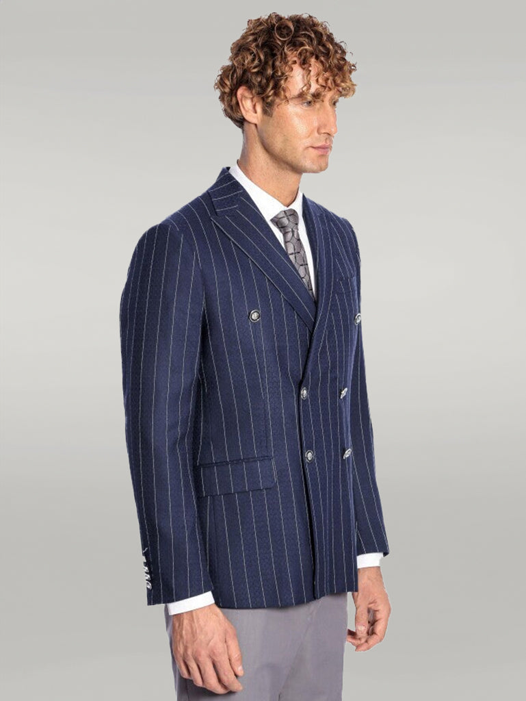 Double Breasted Slim Fit Striped Navy Blue Men Blazer - Wessi