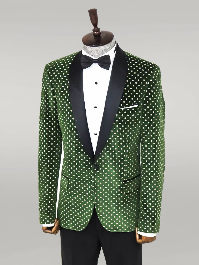 Blazer de fiesta para hombre verde oscuro con estampado de lunares y corte slim - Wessi