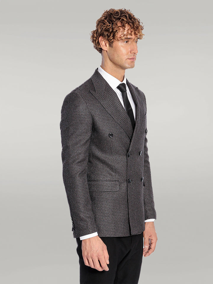 Houndstooth Patterned Grey Men Double Breasted Blazer - Wessi