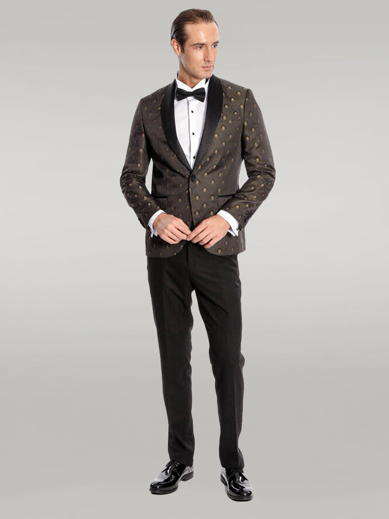 Shawl Lapel Gold Dot Patterned Over Black Men Tuxedo Blazer - Wessi