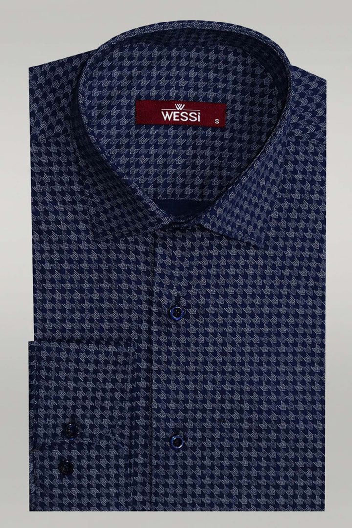 Camisa Hombre Patrón Pata De Gallo Slim Fit Azul Marino - Wessi