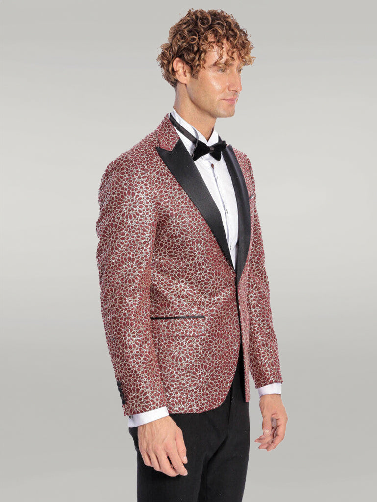 Flower Embroidered Pattern Burgundy Men Prom Blazer - Wessi