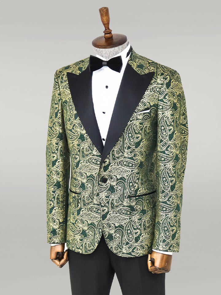 Paisley Peak Lapel Green Men Prom Blazer - Wessi