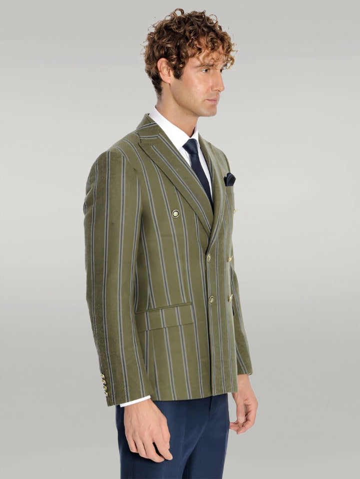 Wide Lapel Striped Double Breasted Green Men Blazer - Wessi