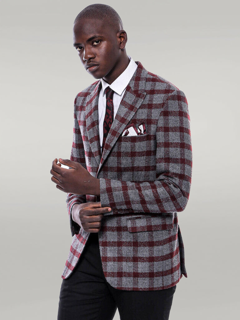 Checked Peak Lapel Slim-Fit Burgundy Men Blazer - Wessi